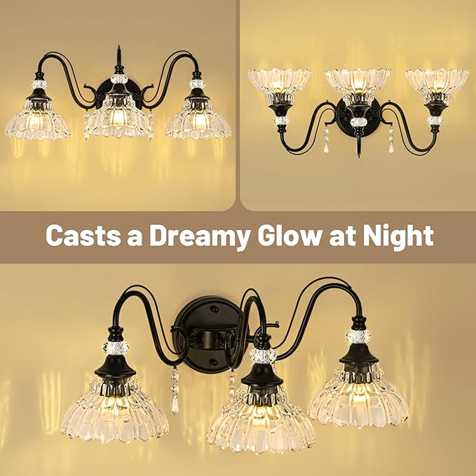 Black Bathroom Vanity Light, 3-Light Matte Black Finish Farmhouse Wall Sconce with Hanging Crystal Accents and Flower-Shaped Clear Glass Shades, Retro Wall Mount Vanity Light Over Mirror for Bathroom