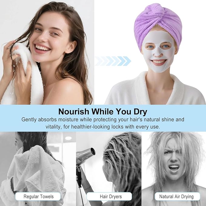 Microfiber Hair Drying Towel Wrap for Women, Hair Turbans Towel for Wet Hair,turbie Twist Hair Towels(The Color of the Picture is for Reference only) (Pink，Purple)