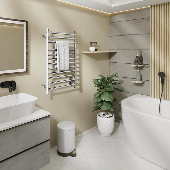 Wall Mounted Towel Warmer 12 Bars with Plug-in and Hardwired Options 3 Working Modes Mirror Polished Stainless Steel 21”W 34”H