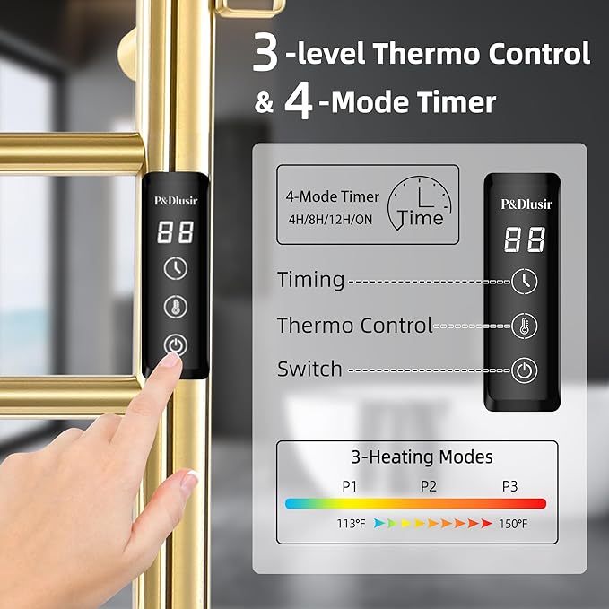 P&Dlusir Towel Warmer, Heated Towel Rack with Smart Timer and Thermo Control, Wall-Mounted Heated Towel Rail, Stainless Steel, Hard-Wired/Plug-in, Brushed Gold, 10 bar