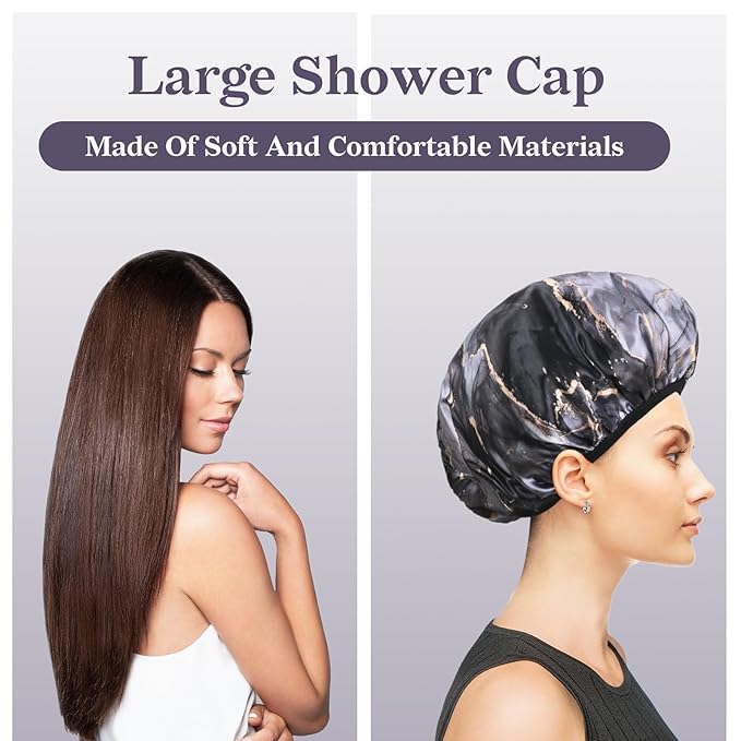 Black Marble Print Satin Shower Cap, Three-Layer Terry Cloth Lined, with Silk Hair Ties, Microfiber Waterproof Reusable Large Size Shower Cap for Women Long Thick Hair
