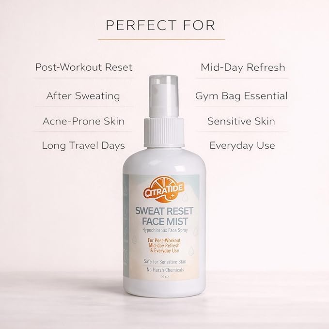 Sweat Reset Face Mist, 8 oz – Clarifying Hypochlorous Facial Spray for Acne-Prone, Oily & Sensitive Skin, Post Workout Cooling Mist for Clear-Looking Skin