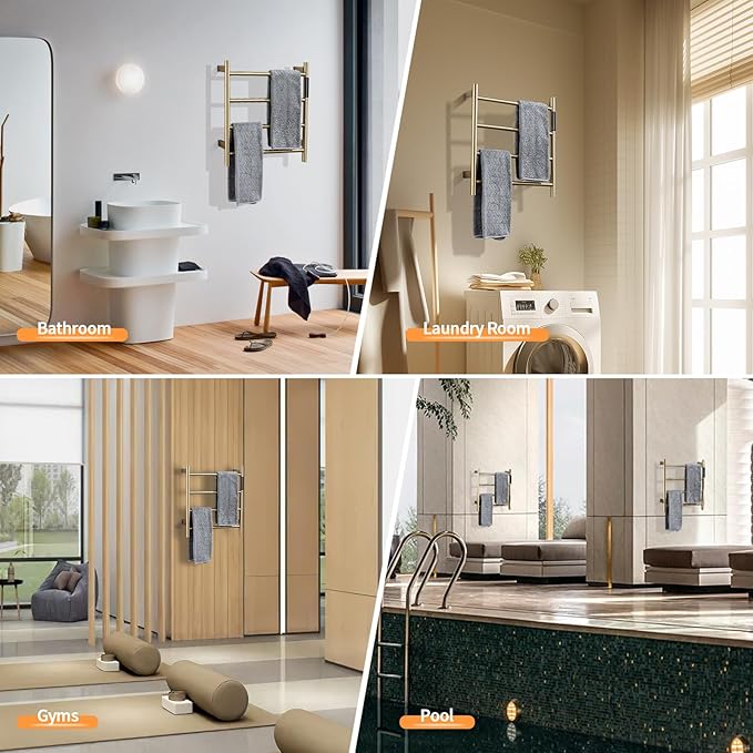 Heated Towel Rack, 4 Bar Wall Mounted Towel Warmer with Timer, Plug in/Hardwired Towel Dryer for Bathroom, Gold