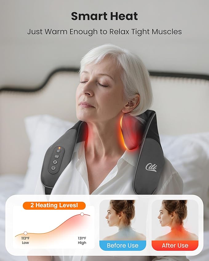 CILI Cordless Neck Massager with Heat, 4D Shiatsu Shoulder Back Deep Tissue, Neck Back Massager Pillow, Wider Massage Head & More Heating Area