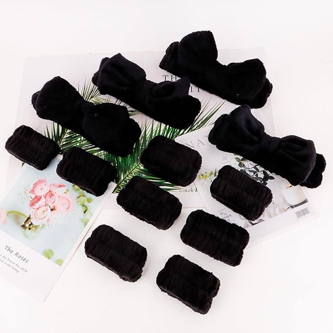 CIEHER 12 PCS Black Makeup Headband for Women Wrist Washband Scrunchies Cuffs for Washing Face, Soft Bow Hair Band Matching Wristbands, Spa Headband Coral Fleece