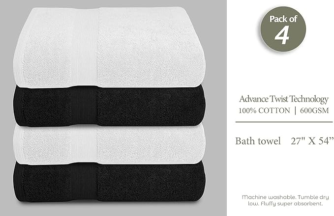 Softolle Luxury Bath Towels Set of 4 (27” x 54”) | Towels for Bathroom | Super Soft | Highly Absorbent Towels for Home, Spa, Gym (Black-White)