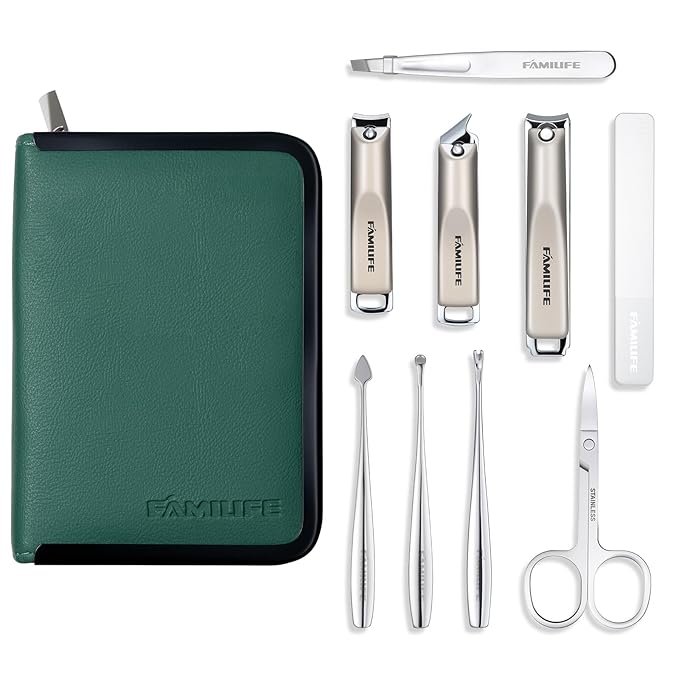 FAMILIFE Manicure Kit for Women, 9 Pcs Carbon Steel Nail Grooming Kit with Compact Case, Stylish Green Travel Manicure Set for Home, On-the-Go Care, Daily Use Nail Clipper Set (Green)