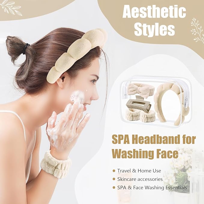 SPA Headbands and Wristband Set for Face Washing with Clear Bag Cute Skincare Makeup Headband Wrist Bands Hair Clips for Women Teenage Girls Gifts Trendy Stuff Khaki