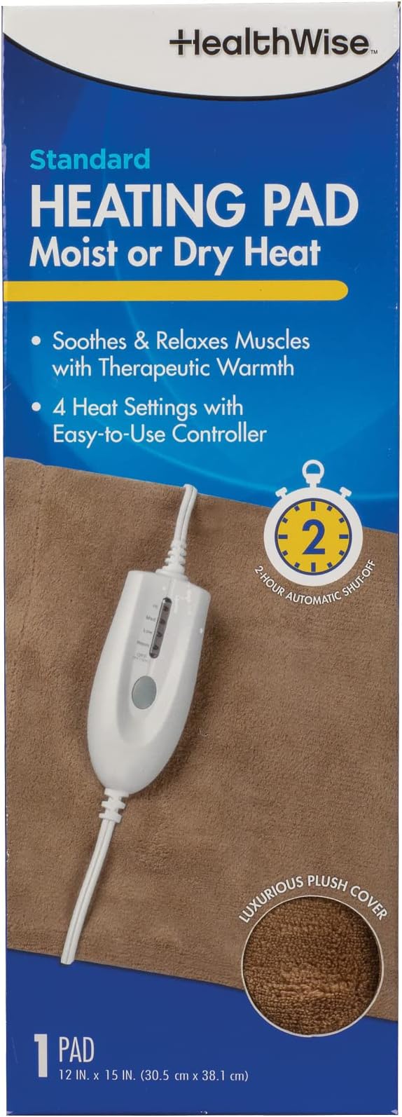 HealthWise Deluxe 12” x 15” Heating Pad with Moist & Dry Heat | Four-Heat Settings | Soothing Warm Relief, Brown (59-310)