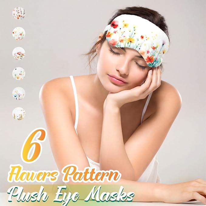 Cuffbow 6 Pack Plush Sleep Mask Set, Cute Plush Eye Masks for Sleeping, Soft Comfortable Travel Nap Blindfold, Sleepover Party Favors for Women(Flowers,Colorful)