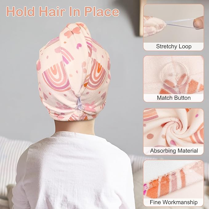 Basumee Microfiber Hair Towel Wrap for Kids 2 Pack Rapid Drying Hair Towel with Button Hair Turbans for Wet Hair Wraps Head Towel Wrap for Women and Girls