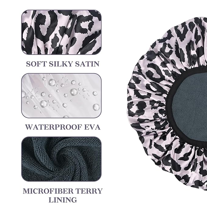 Pink Leopard Print Satin Shower Cap, Three-Layer Terry Cloth Lined, with Silk Hair Ties, Microfiber Waterproof Reusable Large Size Shower Cap for Women Long Thick Hair
