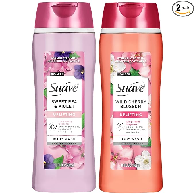 Suave Body Wash Variety 2-Pack, Sweet Pea & Violet + Wild Cherry Blossom – Gentle Body Washes with Floral Blend Oil Essence, 18 Oz Ea