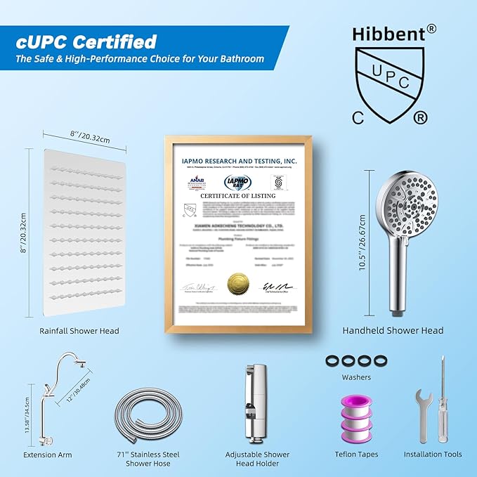 Hibbent cUPC Certified All Metal 8" Rainfall Showerhead Combo, High Pressure Shower Head with 10-Spray Mode Handheld, Innovative 4-way Diverter with Pause Mode, 71'' Shower Hose and Holder, Chrome