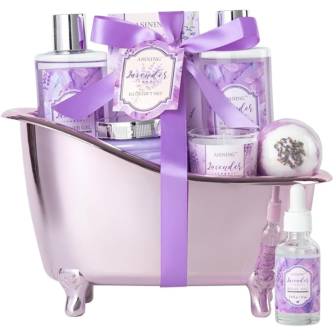 Spa Gift Basket for Women, Luxury Home Spa Kit, 8pcs Lavender Bath Gift Set, Gift Baskets for Women Unique with Bath Bombs, Sea Salt, Scented Lotions Birthday, Mother Day, Bridal Shower gifts