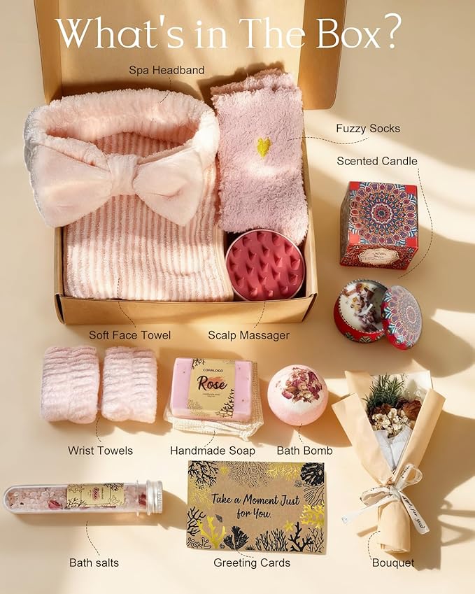 Coralogo Rose Spa Gift Baskets - Mothers Day Gifts Natural Pampering Spa Set, Self-Care Get Well Soon Basket, Thank You Gifts, Unique 11pcs Gift Set for Women Wife Mom Her Birthday