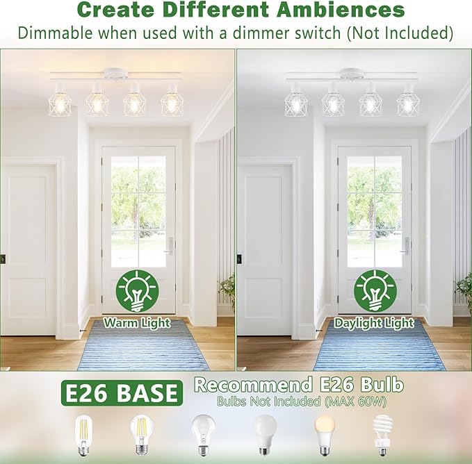 Baocuz 4-Lights Kitchen Light Fixtures Ceiling Mount, Adjustable Multi-Directional White Flush Mount Ceiling Light Fixture with Metal Cage, Modern Spot Ceiling Lamp for Hallway, Dining Room, Bedroom