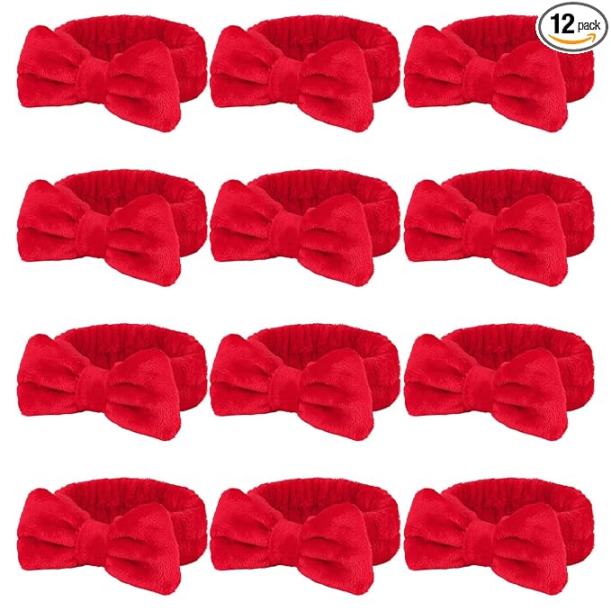 Casoty 12 Pcs Red Spa Headbands, Facewash Headbands, Soft Coral Fleece Makeup Hair band, Bow Hair Band for Face Washing Shower Skin Care Yoga