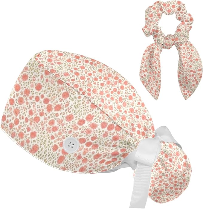 Scrub Caps Women Nursing Hats Floral Flowers with Buttons Ponytail Working Adjustable Pouch Tie Back