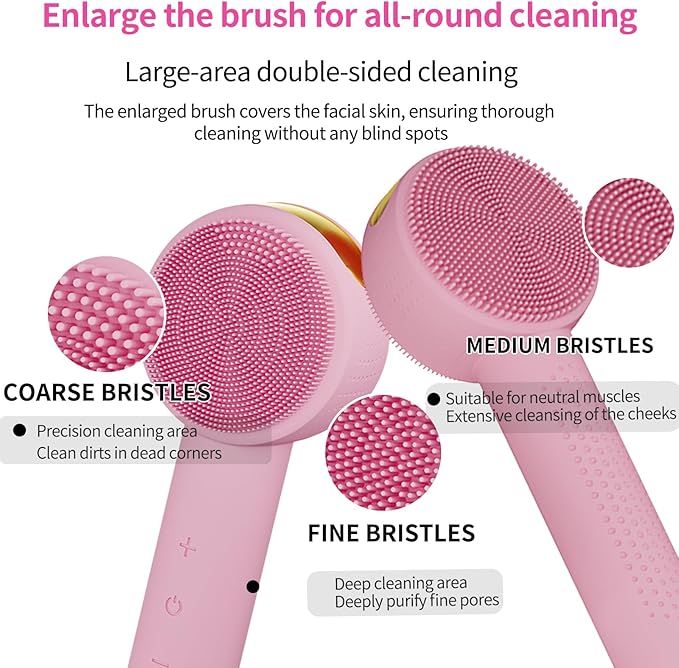 Facial Cleansing Brush Electric – Rechargeable Silicone Face Scrubber, Waterproof Vibrating Cleaner with 5 Adjustable Intensities for Deep Cleansing and Exfoliation (Pink)