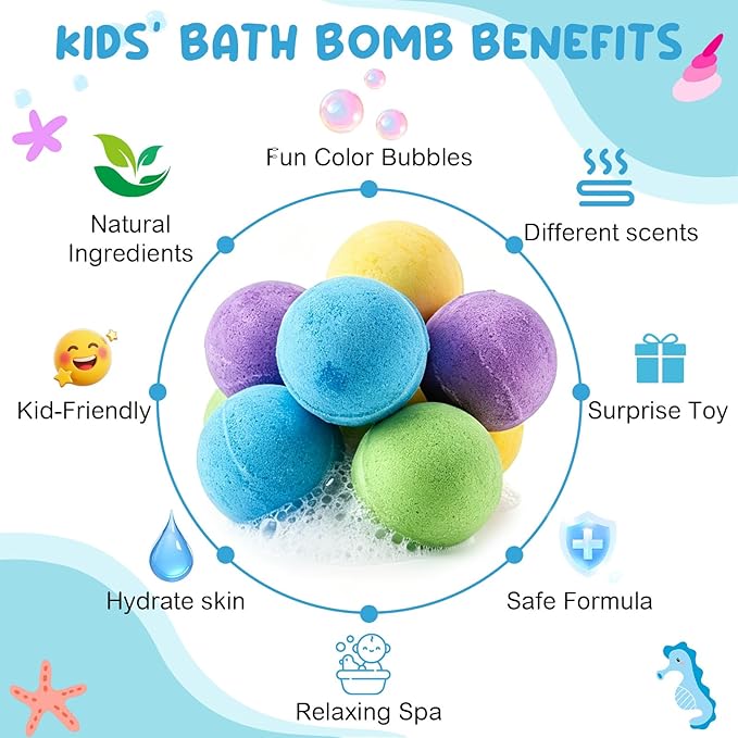 12 PCS Natural Bath Bombs with Toys Inside, Upgrade Fizzy Bubble Bath Gift Set with 12 Different Fragrances, Ocean Theme Bath Fizzies, Natural Sea Salt Color Changing Spa Easter Bath Balls