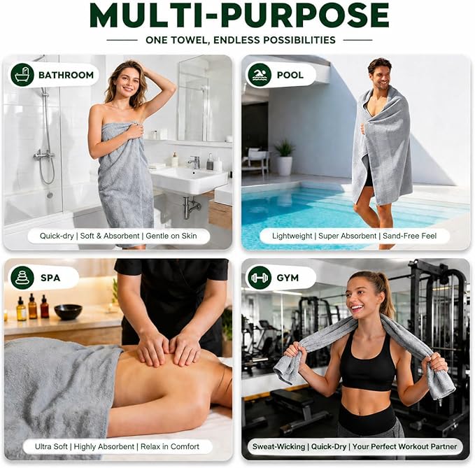SEISSO 2 Pack Extra Large Bath Towels 63"x35", Bath Sheets for Sensitive Skin 70% Polyester 30% Viscose Fiber from Bamboo, Super Soft, Highly Absorbent & Quick Dry, Oversized Shower Towels