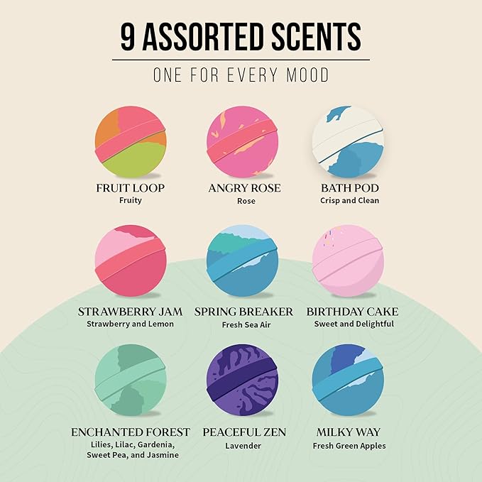 Bath Bomb Set, Handmade, Non-Staining, Sulfate-Free, Natural Luxury Bath Fizzies, Aromatherapy Spa Gift Set, Assorted Scents, 9-Pack