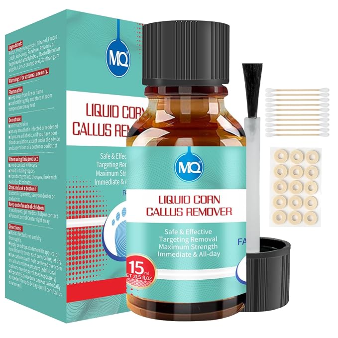 MQ Professional Corn & Callus Remover Liquid for Feet & Toes – Fast Acting for Corn Removal, Hard Skin & Dead Skin – Includes 15ML Solution + 15 Cushions + 10 Swabs – Effective Foot Care Solution
