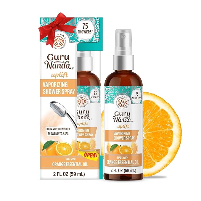 GuruNanda Uplift Vaporizing Shower Spray - 100% Natural Spa Mist with Orange & Eucalyptus to help with Mood Enhancement & Aid in Congestion (2 Fl Oz)