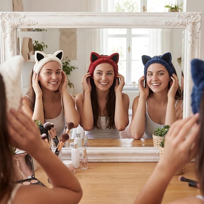 6-Pack Cat Ears Headbands Soft Coral Fleece Hair Band for Face Washing, Makeup, Skincare, Spa, Multi-Color Animal Headbands for Women and Girls Gift