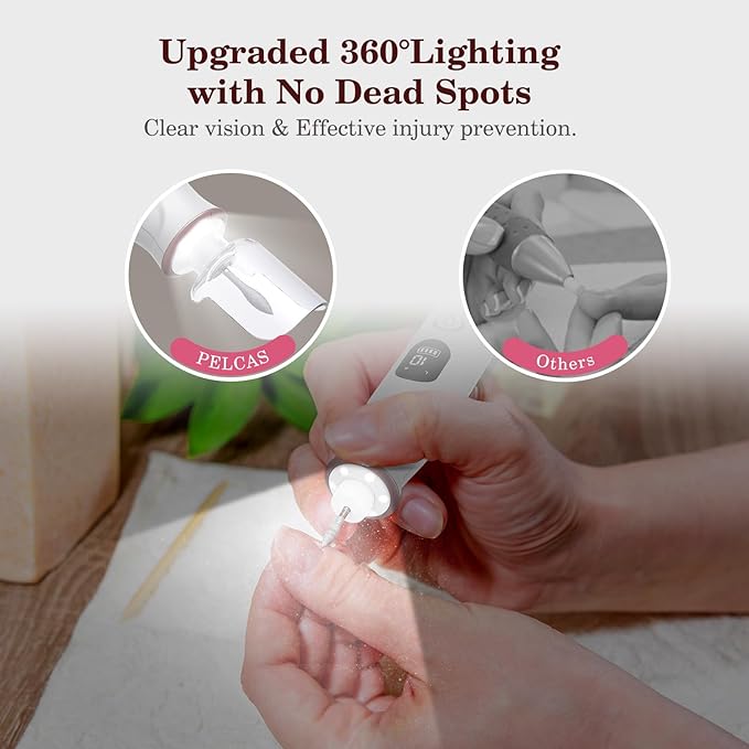PELCAS Electric Nail File, 10 Speeds Cordless Nail Drill with LED Light, Portable Manicure and Pedicure Kit, Nail Grinder with LCD Screen for Human, Pet, Thick Toenails, Natural & Acrylic Nails