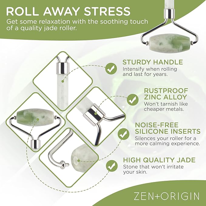 Jade Roller and Gua Sha Set - 100% Natural Jade Stone Face Roller, Dual Sided Massage Roller Stimulates Blood Flow, Relieves Stress, Reduces Signs of Aging, Travel Pouch Included, Gift Box