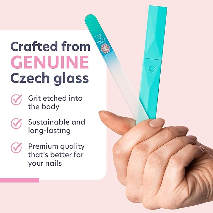 Bona Fide Beauty Glass Nail File with Case (Aqua) - 1 Piece Luxurious Gifts for Women, Crystal Etched Nail File for Natural Nails