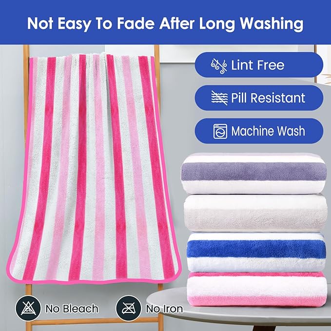 JML Microfiber Bath Towels,2 Pack(30" x 60"), Oversized, Soft, Super Absorbent, Fast Drying, Large Beach Towel Set for Sauna, Salon, Sports, Fitness, Yoga, Cabana Stripe Pink