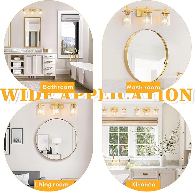3-Lights Gold Bathroom Light Fixtures, Bathroom Vanity Light Over Mirror, Brushed Gold Wall Lights with Glass Shades, Indoor Wall Mounted Lamp for Living Room Bedroom Hallway