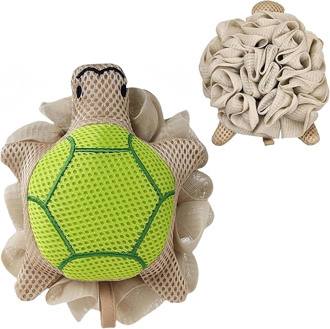 Kids Loofah, Cute Cartoon Animal Kids Bath Sponge with Hanging Rope, Soft Double Mesh for Rich Lather (Little Turtle)