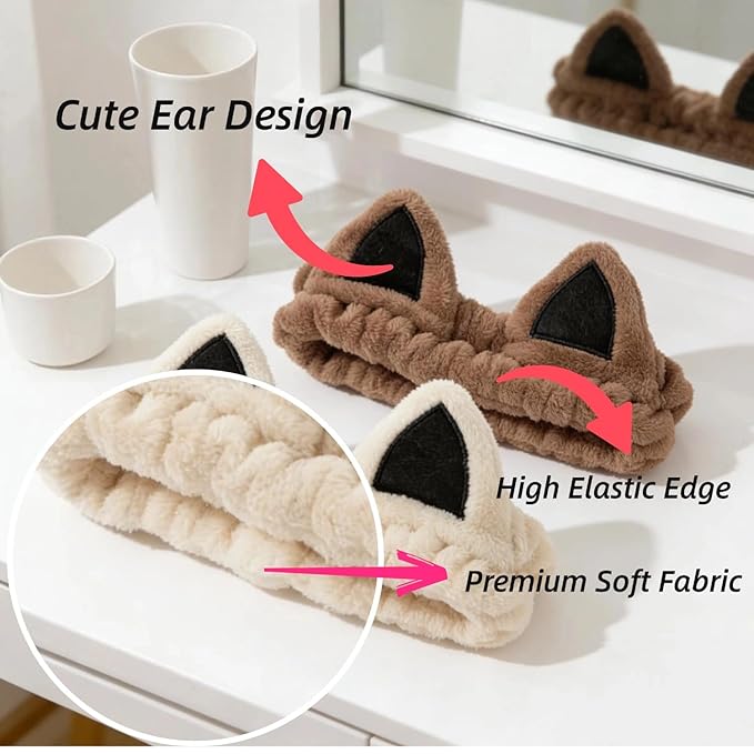 2 PCS Cute Cat Ear Spa Headband For Washing Face, Skincare Makeup Headbands For Women, Soft Coral Fleece Hair Accessories (Beige+ Khaki)