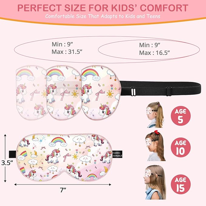 Kids Silk Sleep Mask: 100% Mulberry Silk Eye Mask with Adjustable Strap, Cute Sleeping Blindfold for Boys Girls Teens, Soft & Lightweight Eye Shade for Travel, Nap, Bedtime (Pink Horse Style)