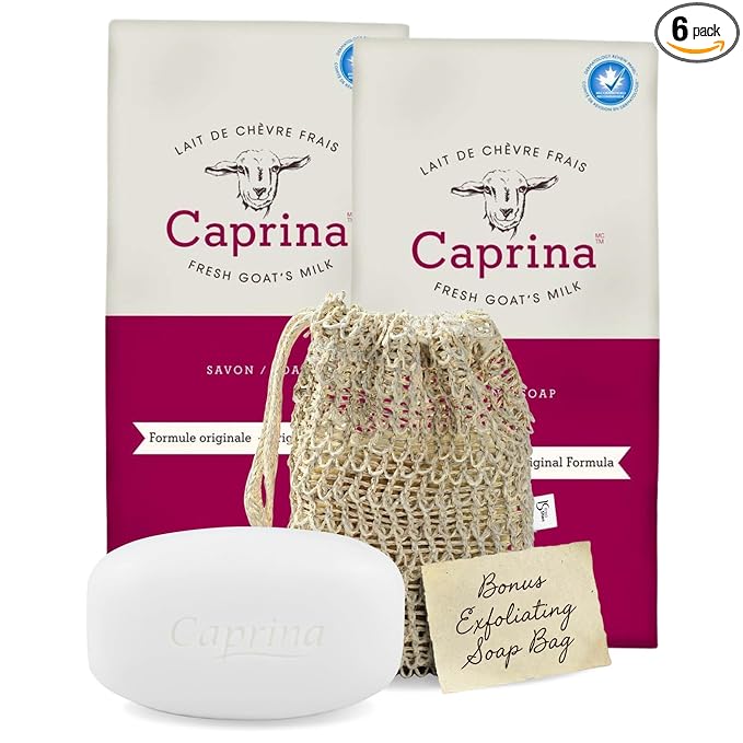 Caprina Fresh Goat Milk Soap Bar, ORIGINAL, 3.17 oz Each (12-Pack), Moisturizing & Gentle Cleansing, Includes Exfoliating Mesh Pouch
