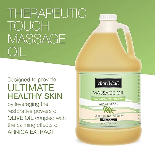 Bon Vital' Therapeutic Touch Massage Oil, 1-Gallon Bottle, Unscented Massage Oil for Massage Therapy With Olive Oil, Lightweight Non-Greasy Formula, Professional-Grade for Dry Skin and Sore Muscles