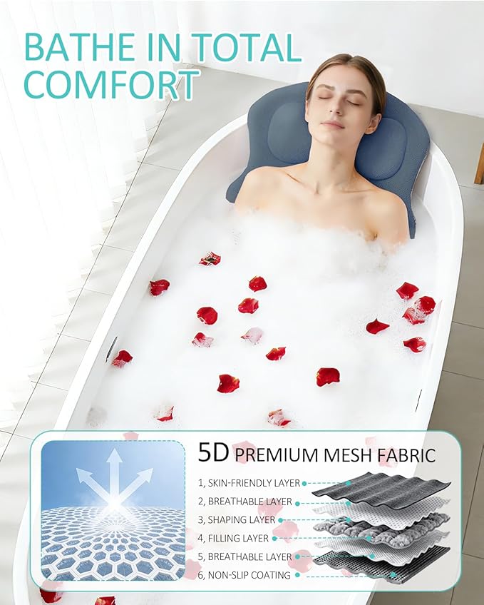 Full Body Bath Pillow for Bathtub, 5D Thick Tub Pillow for Bathtub with 192 Non-Slip Suction Cups, Laundry Bag & Hook, Bathtub Pillow for Head, Neck & Back Support (Misty Blue, 51"*15")