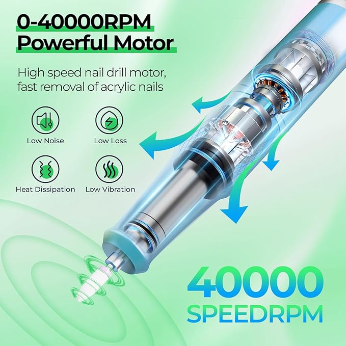 JOSGLOI Electric Nail Drill Professional: Shiny 40000RPM Electric Nail File Kit E File Nail Drill Machine with LCD Display for Acrylic Gel, Manicure Pedicure Polishing Grinder for Salon Home, Diamond