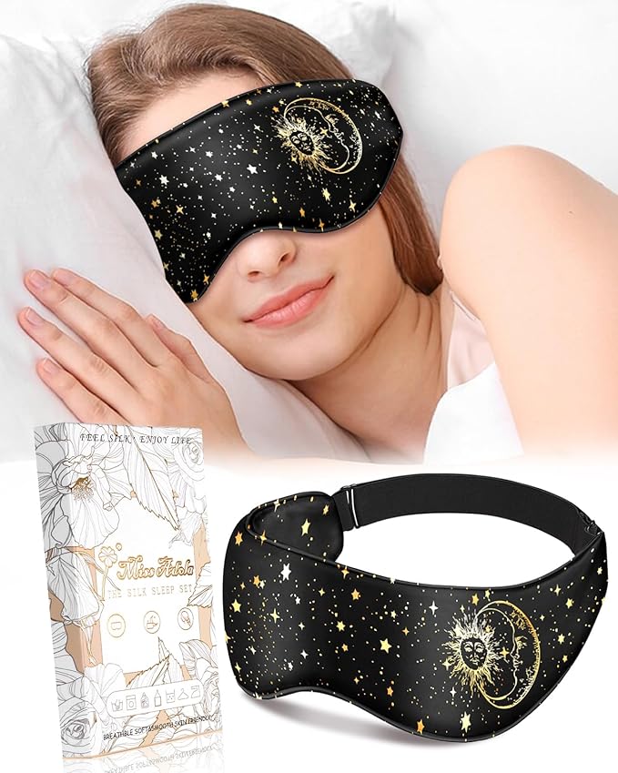 Miss Adola Silk Weighted Eye Mask - Microwave Eye Mask Heat and Cold Warm Compress for Sleeping Dry Eyes Pillow Soft Smooth Lavender Mulberry Silk Sleep Mask for Women Wife Mom - Black Sun Moon