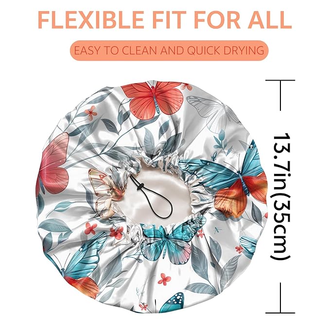 Shower Cap Reusable Double Layer Adjustable Elastic Waterproof EVA Hair Bath Caps for Women Girls Cute Aesthetic-Butterfly