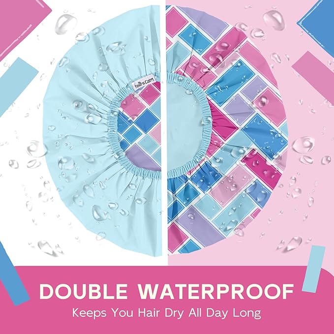 Years calm Waterproof Shower Cap for Women - Double-Layer Reusable Bath Cap with Elastic Band for Long/Short/Curly/Braids Hair, Washable & Travel-Friendly, Fit for Shower, Spa (Lattice Shower Cap)