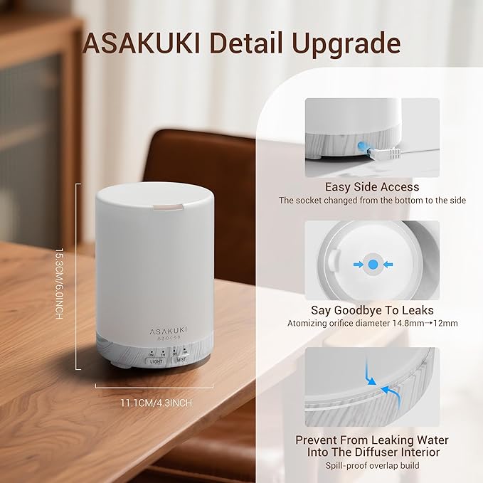 ASAKUKI Essential Oil Diffuser for Home, 300 ml Humidifier with Automatic Shut-Off, Quiet Aromatherapy Diffuser with 7 LED Lights for Living Room, Kitchen, Bedroom, Hotel, Gift for Mom - White Wood