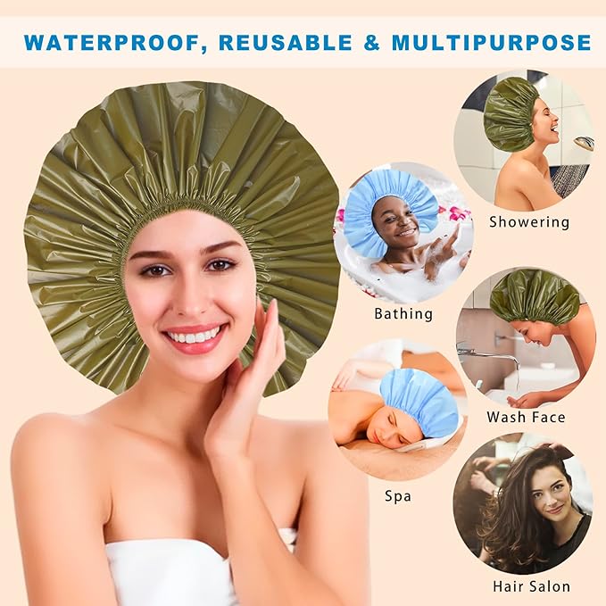 Jumbo Size Shower Cap 2 PCS Waterproof Shower Caps for Women, Extra Large Shower Cap, Reusable Super Large Bath Caps Hair Cap for Long Thick Curly Hair, Locs, Twist Braids - Blue+Green