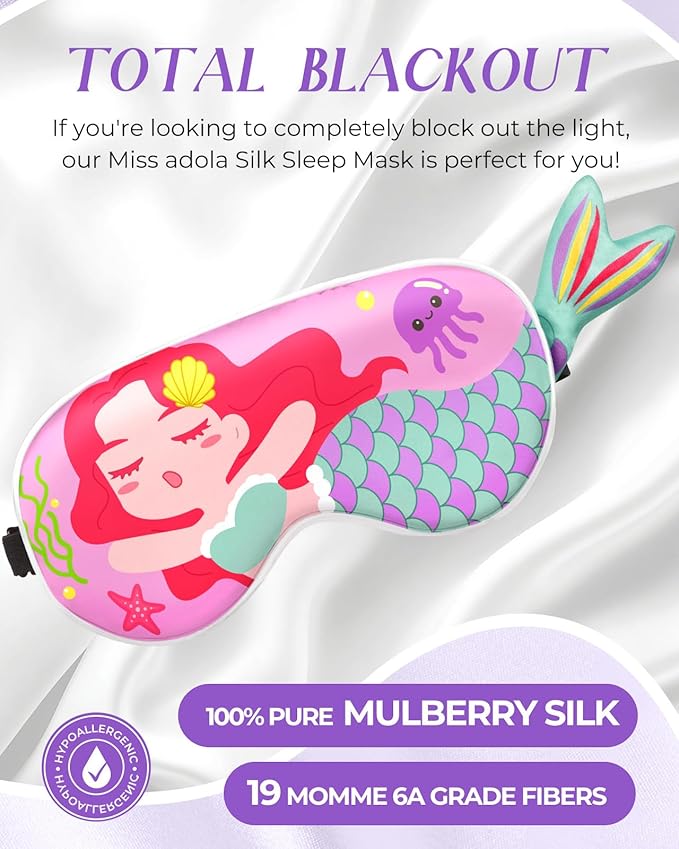 Miss Adola Sleep Mask for Kids - Valentines Gift for Kids Cute Silk Eye Cover for Sleeping Soft Kawaii Eyeshade Animal Eye Blindfold with Adjustable Strap for Girls Teens, Sea Girl