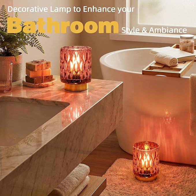 Battery Operated Table Lamps Timer, Mini Crystal Lamp for Area No Plug, Cordless Lamp with LED Bulb for Power Outage, Decorative Lamps for Tabletop/Corner/Entryway/Stairway/Bathroom/Fireplace (2 Pink)