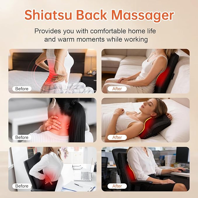 Back Massager with Heat for Pain Deep Tissue 3D Kneading Massage Pillow for Shoulder, Back, Neck, Leg, Body Relaxation at Home, Office, Gifts for Mom Dad Women Men